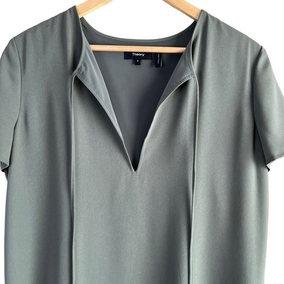 Theory Antazie Tie Front Shift Mini Dress Drapey Crepe in Military Green, Size 8 - Picture 3 of 9